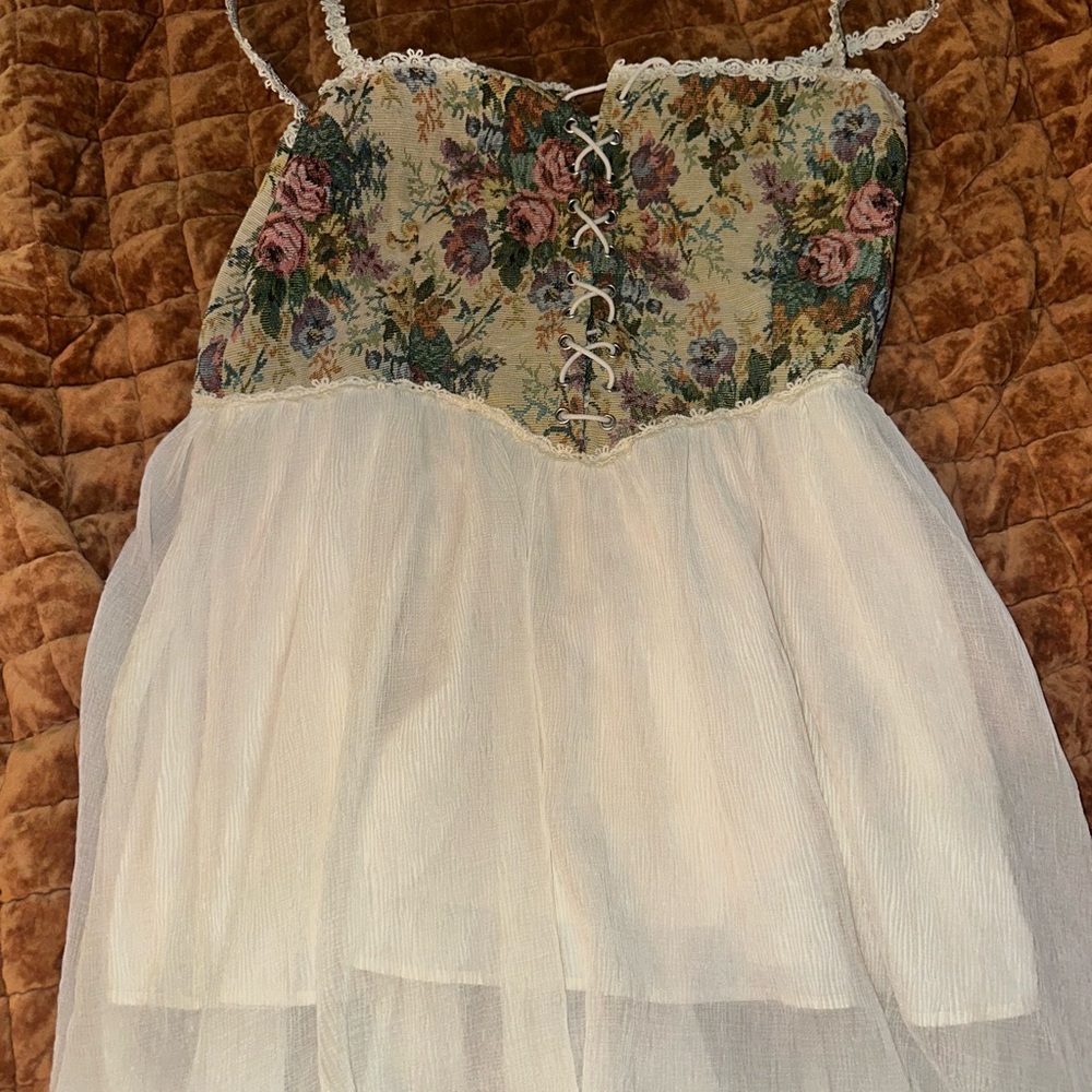 Floral Lace-Up Tulle womens Dress in Cream and Multi-Color